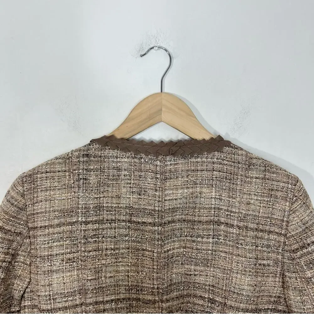 Worth Tan Linen Blend Ribbon Accent Brooch Trim Blazer Size 8